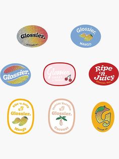 six different types of stickers on a white background with the words glossier, glosser, mango and more