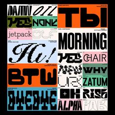 an assortment of typogramic typefaces in different colors and sizes, including letters