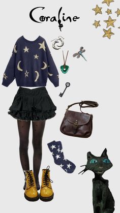 #coraline #outfitinspo Coraline Outfit Halloween, Coraline Fit Ideas, Cute Coraline Costume, Coraline Aesthetic Clothes, Coraline Jones Costume, Coraline Group Costume, Coraline Inspo Outfit, Halloween Costume Moodboard, Coraline Jones Outfit