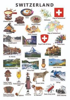 a poster with pictures and words about switzerland