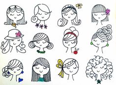 Girl Doodle, Face Doodles, Hair Clipart, Stick Figure Drawing, Easy Doodle Art, 수채화 그림