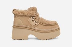 This is *the* perfect city shoe for you. Just hear us out. The curly sheepskin and UGG®plush lining provide comfort, while its lace-up and platform silhouette add height to your everyday style. | Suede, 10mm curly sheepskin upper. 17mm curly UGG®plush 60% upcycled wool, 40% TENCEL Lyocell vamp lining. 17mm UGG®plush 60% upcycled wool, 40% TENCEL Lyocell sockliner. Foam footbed. Sugarcane EVA outsole. Textile binding made from 100% recycled polyester fibers. 2.75 inch platform height. Nubuck heel Ugg Tennis Shoes, Ugg Mckay, Slipper Shoes Women, Ugg Snow Boots, Mens Boots For Sale, Ugg Sneakers, Fur Sneakers, Boots Slippers, Womens Ugg Boots