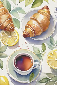 a painting of croissants and lemon slices on a white tablecloth with green leaves