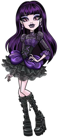 a drawing of a girl with purple hair and black makeup, dressed in gothic clothing