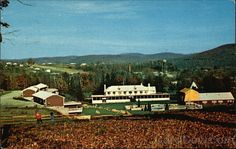 an aerial view of a farm with buildings and trees in the foreground, surrounded by mountains