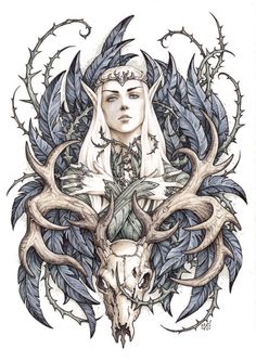 a drawing of a woman with horns on her head and deer's antlers