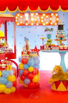 a circus themed birthday party with balloons and decorations