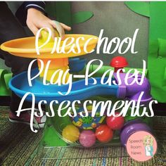 a child playing with toys in a play - based area that says, preschool play - based