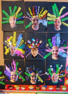 several pictures of children's faces on black paper with colored streamers and ribbons