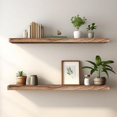 two wooden shelves with plants and pictures on them