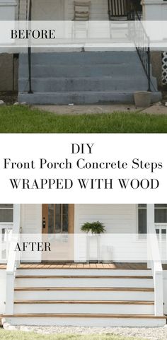 front porch concrete steps with wood before and after being painted white in the fall or winter