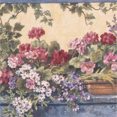 a painting of flowers in a pot on a window sill