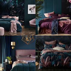 four different pictures of the same bed and comforter, one with pink and green leaves on it