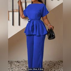 Plus Size Elegant Outfits Set, Women's Plus Solid Short Sleeve Round Neck Belted Top & Pants Outfits 2 Piece Set Plus Size Pants Suits For Women, Chic Blue Short Sleeve Sets, Fitted Blue Solid Color Sets, Blue Two-piece Set For Workwear, Chic Blue Two-piece Set, Blue Two-piece Sets With Short Sleeves, Spring Blue Sets With Solid Color, Blue Solid Color Sets For Spring, Plus Size Elegant Outfits