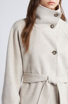 A novel collar style allows this wool-blend coat to provide two cold-weather looks on one hanger. Buttoning the collar all they way up provides neck-warming coziness, while leaving it unbuttoned serves showy shawl-collar style. Front button closure Convertible funnel neck Front welt pockets Removable sash Lined 80% wool, 20% polyamide Dry clean Imported Favorite Daughter, Mens Eyewear, Wool Blend Coat, Loungewear Shorts, Designer Clothes For Men, Modern Outfits, Denim Jumpsuit, A Novel, Funnel Neck