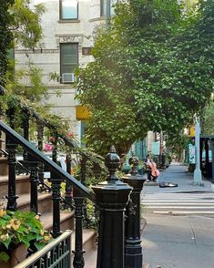 a street scene with focus on the steps and trees