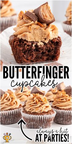 a close up of cupcakes with peanut butter frosting on top and the words butterfingerer cupcakes above it