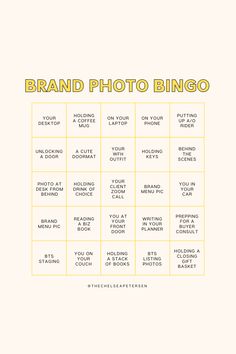 a white poster with the words brand photo bingo written in bold yellow letters on it