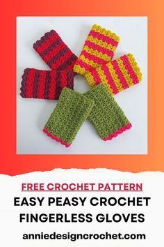 four crocheted fingerless gloves with text overlay that reads free crochet pattern easy peasy crochet fingerless gloves