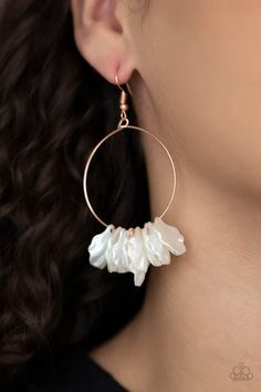 Sailboats and Seashells Copper and White Shell Earrings | Paparazzi Paparazzi Accessories Jewelry, Fringe Earring, Pink Jewels, Seashell Earrings, Earrings Trendy, Ball Necklace, Paparazzi Accessories, Beach Inspired, Chic Jewelry