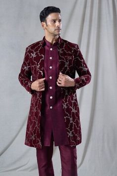 Maroon long jacket with abstract, sequin embroidery. Paired with an inner kurta. Comes along with a pant. - Aza Fashions Designer Long Sleeve Sets With Mirror Work, Fitted Sequin Kurta With Traditional Drape, Festive Sherwani With Sequins For Festivals, Diwali Sequins Bandhgala With Long Sleeves, Traditional Long Sleeve Sherwani With Sequins, Designer Sequined Kurta For Festive Occasions, Traditional Long Sleeve Sequined Bandhgala, Long Sleeve Nehru Jacket With Mirror Work For Reception, Festive Bandhgala With Sequins For Diwali