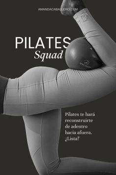 an advertisement for pilates squad featuring a woman in tight pants with her arms behind her back