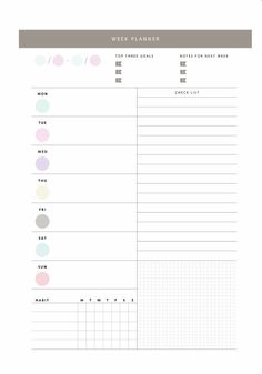 the printable weekly planner is shown in grey, pink and white colors with dots