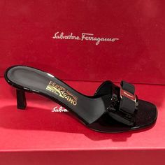 Brand: Salvatore Ferragamo Color: Black Size: Various Classic Black Calf Leather Heels, Black Calf Leather Low Heel Heels, Black Calf Leather Low Heels, Designer Black Square Toe Heels, Black Low Heel Heels With Red Sole, Designer Black Heels With Square Toe, Black Low Heel Heels For Galas, Black Calf Leather Heels With Contrasting Heel Counter, Designer Black Low Heel Shoes