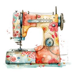 an old sewing machine painted with watercolors