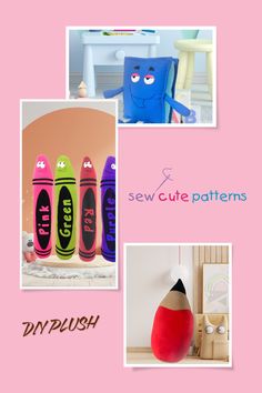 three different pictures with the words sew cute patterns on them and an image of crayons