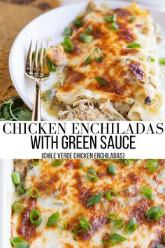 chicken enchiladas with green sauce on a white plate next to a fork