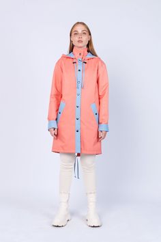 "Women's Coral-Blue Fashion Unique Raincoat ''ANTIGUA\" 136/546 Handmade in Lithuania.  Enjoy functional and stylish raincoat. This raincoat is waterproof and wind-resistant to keep you warm and dry.  Raincoat is with a hood and has front pockets with buttons. Color: Coral-Blue  Material: 100% Polyester, coated with PU Lining: 100% Rayon Size: XS, S, M, L, XL, XXL Precise raincoat size (cm/inch) You can find in photos area." Waterproof Long Coat Raincoat For Spring, Waterproof Long Raincoat For Spring, Weatherproof Raincoat For Rainy Season, Long Rainy Season Coat For Rainy Weather, Pink Waterproof Raincoat For Fall, Casual Long Waterproof Raincoat, Casual Long Raincoat With Detachable Hood, Waterproof Long Coat Raincoat For Winter, Spring Waterproof Parka For Rainy Weather