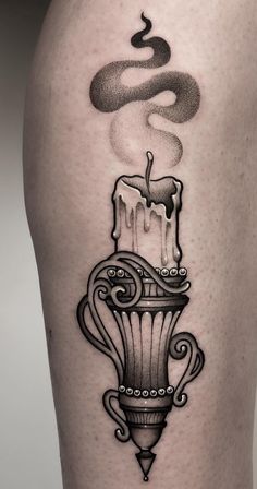 Moon In A Bottle Tattoo, Black Candle Tattoo, Candle Stick Tattoo Design, Stick People Tattoo, Witchy Candle Tattoo, Candles Tattoo Design, Candle Stick Tattoo, Candle Lantern Tattoo, Burning Candle Tattoo