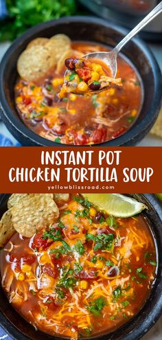 instant pot chicken tortilla soup in a black bowl with chips on the side