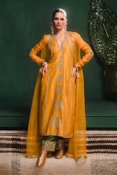 Ochre Aam Panna Kurta Set by House Of Masaba, available on Indiaspopup.com Handwork Design Unique, Jigar Mali, Handwork Design, Churidar Pajama, Yellow Anarkali, Sheer Dupatta, Embroidered Anarkali, Aari Embroidery, Embroidered Organza