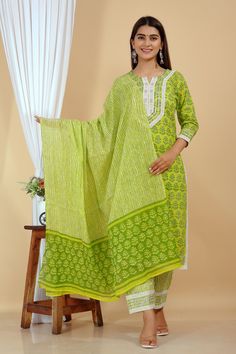 Impress Everyone With Your Stunning Look By Wearing this gorgeous Ethnic Set. The Trendy Work & Designs Speak A Language Of Elegance And Felinity, Using The Finest Quality Fabrics And Is Trendy Fashionable As Well As Comfortable. It Is Light In Weight And Will Be Soft For Your Skin. A Pretty Kurta To Wear At Parties, Functions Or Just Casually Which Is Stylish & comfortable To Wear For Women Or This Kurti And You Will Be A Fashion Statement Every Time With Brand Of Satvi Creations. # Pure Sanganeri Hand Block Printed Product.  # Inside The Package :: 1-PC COTTON HAND WORKED LONG JAIPUR DESIGNER TOP (KURTI) , 1-PC COTTON BOTTOM(TROUSER), WITH PURE COTTON STOLE(DUPATTA).  # Wash Care :: Gentle machine wash cold with similar colors, Color may bleed, Tumble dry low, Warm iron. DISCLAIMER: Slig Bohemian Chanderi Sets With Sheer Dupatta, Bohemian Style Unstitched Set With Sheer Dupatta, Bohemian Unstitched Palazzo Set With Pallu, Green Palazzo Set With Printed Motifs, Bohemian Semi-stitched Chanderi Palazzo Set, Green Mulmul Palazzo Set With Zari Work, Green Bohemian Palazzo Set For Navratri, Green Palazzo Set With Zari Work, Bohemian Palazzo Set With Straight Kurta And Dupatta