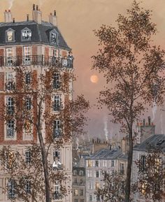 a painting of a building with trees in the foreground and a full moon in the background