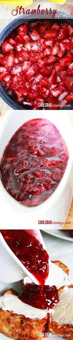 this is an image of cranberry sauce being poured on toasted bread for dessert