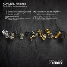 an advertisement for kohler's finishings featuring different types of cuff links