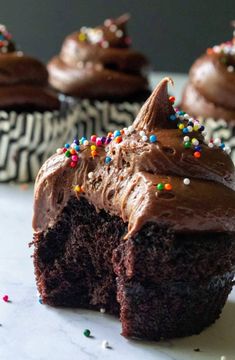 chocolate cupcakes with chocolate frosting and sprinkles