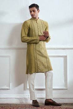 Green kurta with floral pattern hand embroidery. Comes with pyjama. - Aza Fashions Festive Cotton Bandhgala With Chikankari Embroidery, Wedding Cotton Bandhgala With Gota Work, Cotton Bandhgala With Cutdana For Navratri, Cotton Bandhgala With Cutdana In Straight Kurta Style, Pista Green Cotton Silk Kurta For Diwali, Designer Wear Pista Green Straight Kurta, Designer Straight Pista Green Kurta, Designer Pista Green Straight Kurta, Cotton Bandhgala With Chikankari Embroidery For Navratri