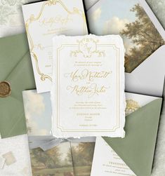 the wedding stationery is laid out on top of an envelope