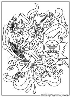 a coloring page with many different things in the middle and one is black and white