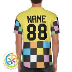 Get ready to knock it out of the park in our Funky Checkered Unisex Baseball Jersey! Bold, bright, and oh so funky, this jersey will elevate your team's style and guarantee a win. A must-have for any team looking to stand out and have fun on the field. We create funky & fun! Personalized with your Team's name, player's number and name! 100% Polyester material for men's baseball shirts Available sizes: S-4XL suitable for unisex wear Lightweight and soft fabric with short sleeves 5 Buttons closure Multicolor Team Jersey For Sports Events, Multicolor Sports Jersey For Sports Events, Sports Team Jersey In Multicolor, Multicolor Crew Neck Sports Jersey, Multicolor Sporty Jersey For Sports Events, Sporty Multicolor Jersey, Sporty Multicolor T-shirt With Team Name, Multicolor Short Sleeve Sports Jersey, Sporty Multicolor Color Block T-shirt