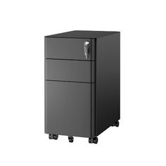 a black filing cabinet with wheels on the bottom and one drawer open to reveal an object