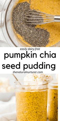 pumpkin chia seed pudding in a glass jar with a whisk