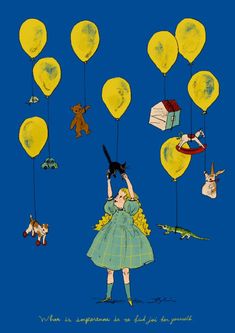 there is a drawing of a girl holding up balloons with animals and birds flying above her