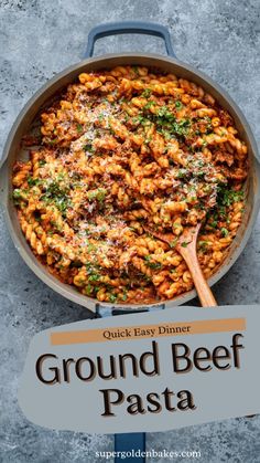 a skillet filled with ground beef pasta