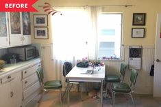 a kitchen with white cabinets and green chairs next to a table in front of a window