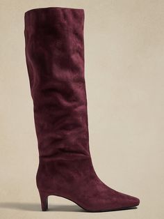 Vegan Tall Slouch Boot | Banana Republic Factory Mid Calf Heel Boots, Womens Leather Boots Knee Highs, Best Fall Boots, Fall Boot Trend, Tall Boots Outfit, Jeans With Boots, Pointy Boots, Burgundy Boots, Slouch Boots